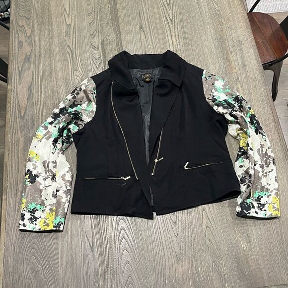 IMAN Moto Jacket Long Floral Sleeve Zip-Up Pockets Collared Black Plus Size 1X - Picture 1 of 4